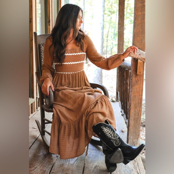 NWT Square neckline long sleeve striped mocha midi dress small medium large - Picture 1 of 6